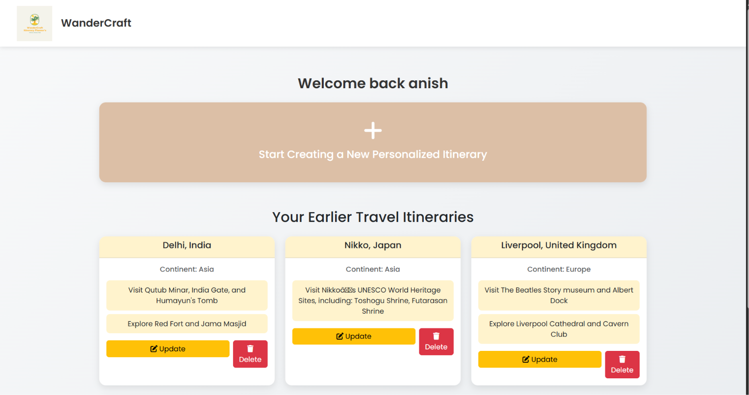 WanderCraft Dashboard showing saved travel itineraries