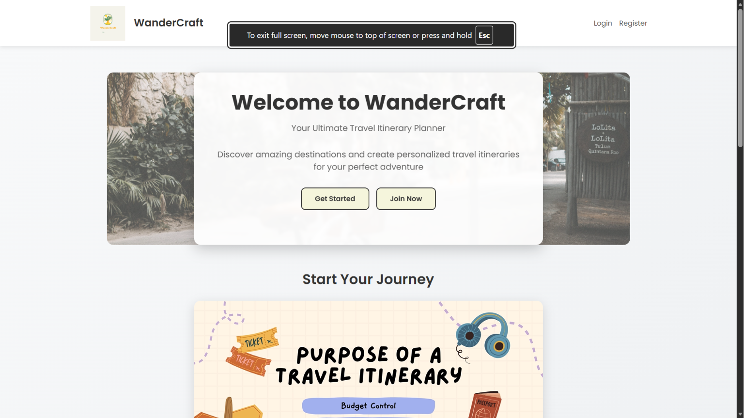 WanderCraft Homepage showing hero section and destination gallery