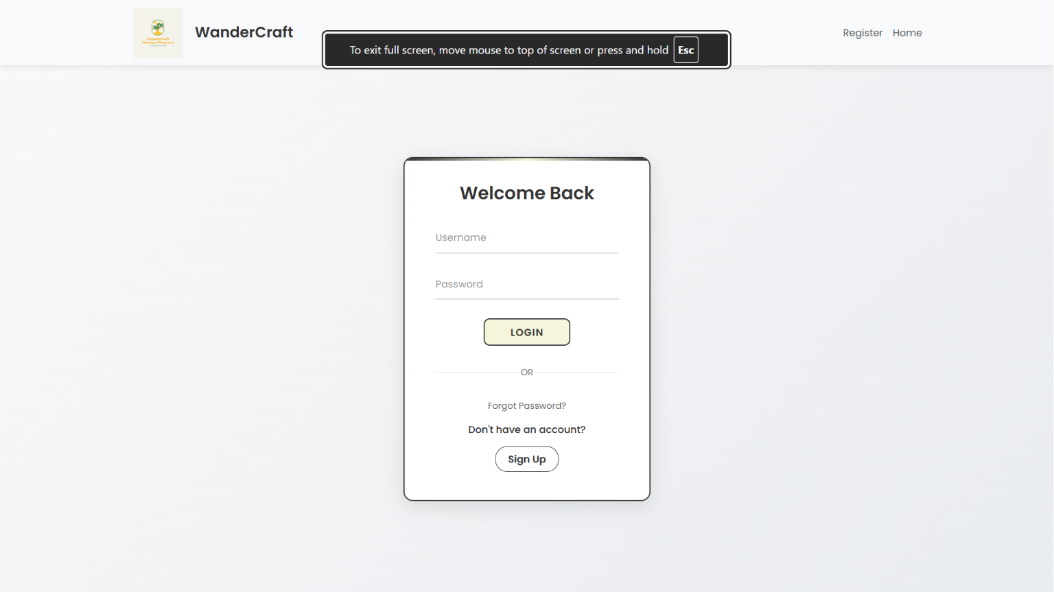 WanderCraft Login page with username and password fields